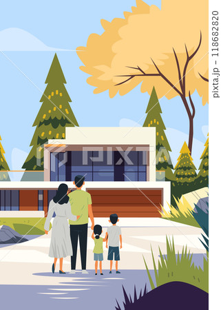 Family outdoors modern house trees nature landscape. A family of four stands in front of a modern house surrounded by trees and greenery under a clear blue sky 118682820