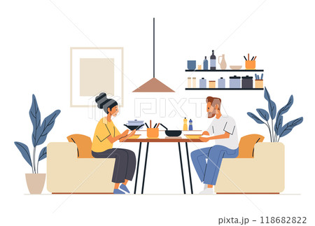 Couple dining together home kitchen interior cooking utensils plants minimalist decor cozy atmosphere 118682822