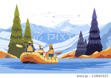 Rafting adventure in mountain river scenic landscape. Three people in yellow raft paddling through water surrounded by pine trees and mountains under blue sky 118682825