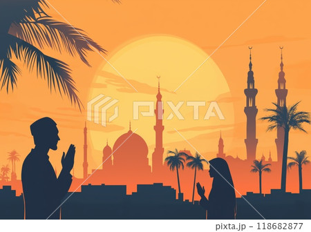 Muslim man and woman praying in front of a mosque with silhouette design 118682877