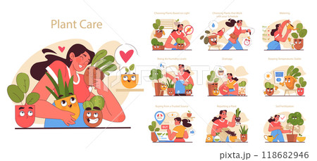 House plant care tips set. Character enjoy gardening taking care of potted house plants. Modern agricultural hobby, urban farming advice. Flat vector illustration 118682946