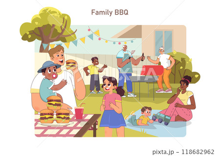BBQ family party. Characters grilling meat and hamburger outside. Summer leisure with children, parents and grandparents. Backyard picnic on a weekend. Flat vector illustration BBQ family party. Characters grilling meat and hamburger outside. Summer leisure with children, parents and grandparents. Backyard picnic on a weekend. Flat vector illustration 118682962