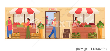 Supermarket interior. Grocery shop with cashier and customers buying food. Characters buying groceries at local market. Flat vector illustration 118682965