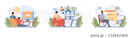 Workcation. Chatacter working away from the office. Digital nomad or freelancer working remotely and globaly. Flexible schedule, outsource technology and work tourism. Flat vector illustration 118682969