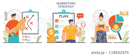 Marketing strategy development set. Marketing campaign, commercial project launching and promotion. Specialist working on marketing strategies for business development. Flat vector illustration Marketing strategy development set. Marketing campaign, commercial project launching and promotion. Specialist working on marketing strategies for business development. Flat vector illustration 118682970