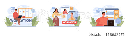 Workcation. Chatacter working away from the office. Digital nomad or freelancer working remotely and globaly. Flexible schedule, outsource technology and work tourism. Flat vector illustration 118682971