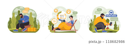 Workcation. Chatacter working away from the office. Digital nomad or freelancer working remotely and globaly. Flexible schedule, outsource technology and work tourism. Flat vector illustration 118682986