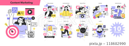 Content marketing set. Brand or product advertising with entertaining and engaging content. Character developing and following a content plan in social media or website. Flat vector illustration Content marketing set. Brand or product advertising with entertaining and engaging content. Character developing and following a content plan in social media or website. Flat vector illustration 118682990