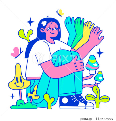 Psychedelic trip party. Rave camp. Character taking drugs and mushrooms at festival campsite. Hallucinating, trippy woman. Flat vector illustration 118682995