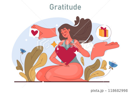 Positive psychology. Optimistic mindset, self acceptance and well-being. Young woman feeling grateful and thankful. Girl show gratitude and kindness. Flat vector illustration Positive psychology. Optimistic mindset, self acceptance and well-being. Young woman feeling grateful and thankful. Girl show gratitude and kindness. Flat vector illustration 118682998