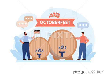 Oktoberfest festival. Cheerful Bavarian people or tourists. Character holding a full glass of beer with foam. Traditional annual beer carnival in Germany. Flat vector illustration 118683013
