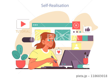 Positive aspect of social networks. Teenage girl expressing herself, doing a hobby through the social media. Young woman watching tutorial in the internet. Flat vector illustration 118683018