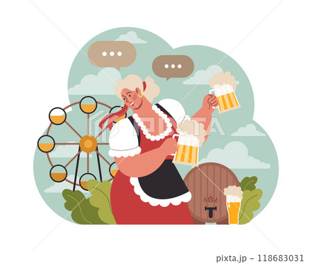 Oktoberfest festival. Cheerful Bavarian pub worker in a national costume. Character holding a full glass of beer with foam. Traditional annual beer carnival in Germany. Flat vector illustration Oktoberfest festival. Cheerful Bavarian pub worker in a national costume. Character holding a full glass of beer with foam. Traditional annual beer carnival in Germany. Flat vector illustration 118683031