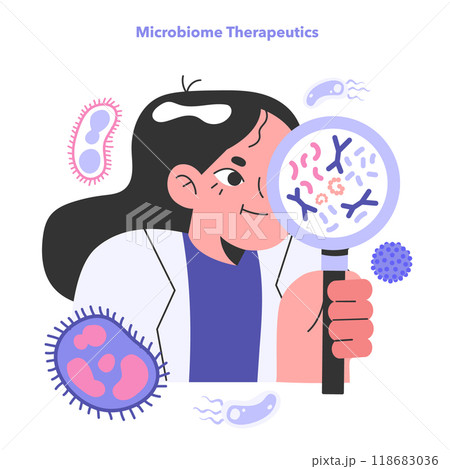 Microbiome-based therapeutics. Antibiotics, pre or probiotics and faecal microbiota transplantation. Restoring a healthy gut microbiome. Flat vector illustration Microbiome-based therapeutics. Antibiotics, pre or probiotics and faecal microbiota transplantation. Restoring a healthy gut microbiome. Flat vector illustration 118683036