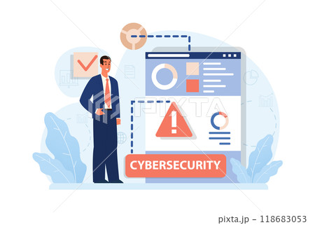 Cyber or web security set. Artificial intelligence provide data protection and database safety of a digital device. Protection of the internet access, cyber attack prevention. Flat vector illustration 118683053