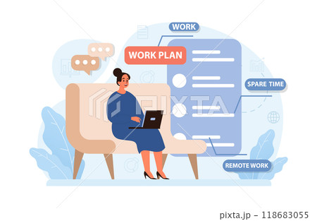Hybrid work. Characters with a flexible schedule, working from office and home. Telework and outsource, employee work globaly. Digital nomad or freelancer idea. Flat vector illustration 118683055