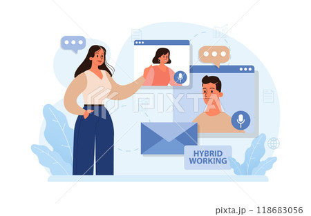 Hybrid work. Characters with a flexible schedule, working from office and home. Telework and outsource, employee work globaly. Digital nomad or freelancer idea. Flat vector illustration 118683056
