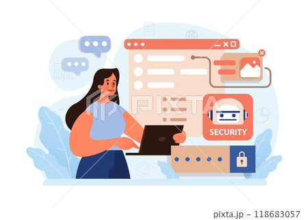 Cyber or web security set. Artificial intelligence provide data protection and database safety of a digital device. Protection of the internet access, cyber attack prevention. Flat vector illustration 118683057