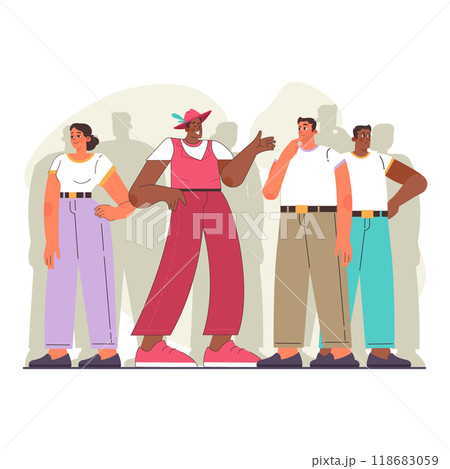 Uniqueness and individuality. Character standing out from the crowd. Original individuality, different appearance. Flat vector illustration 118683059