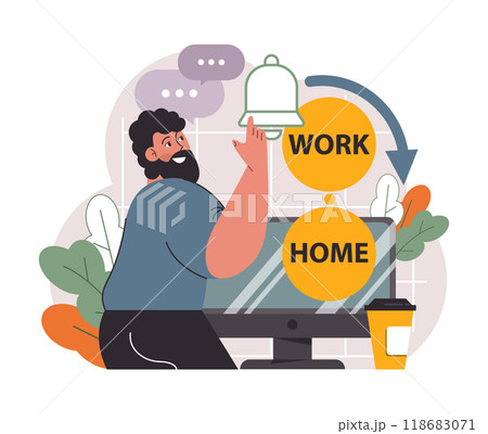 Hybrid work. Characters with a flexible schedule, working from office and home. Telework and outsource, employee work globaly. Digital nomad or freelancer idea. Flat vector illustration Hybrid work. Characters with a flexible schedule, working from office and home. Telework and outsource, employee work globaly. Digital nomad or freelancer idea. Flat vector illustration 118683071