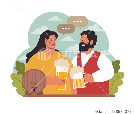 Oktoberfest festival. Cheerful Bavarian people or tourists. Character holding a full glass of beer with foam. Traditional annual beer carnival in Germany. Flat vector illustration 118683075