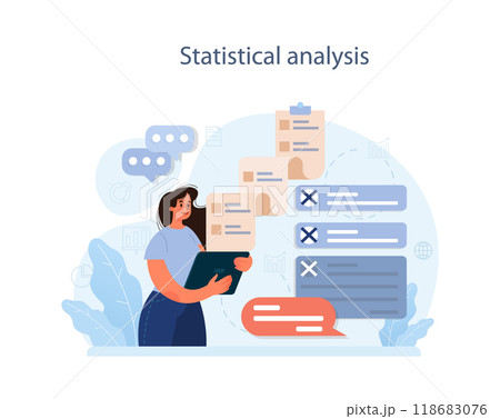 Predictive analytics. Process of using and processing data to forecast future outcome. Business ideas or decisions development. Character analysing statistical information. Flat vector illustration 118683076