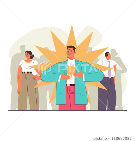 Uniqueness and individuality. Character standing out from the crowd. Original individuality, different appearance. Flat vector illustration Uniqueness and individuality. Character standing out from the crowd. Original individuality, different appearance. Flat vector illustration 118683083