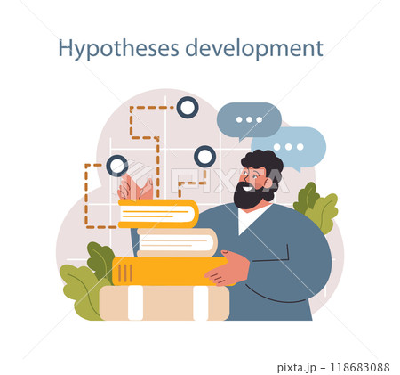 Predictive analytics. Process of using and processing data to forecast future outcome. Business ideas or decisions development. Character developing a hypothesis. Flat vector illustration 118683088