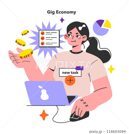 Gig economy. Labor market based on independent contractor, online platform, temporary worker. Modern business work system. Flat vector illustration 118683094