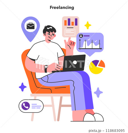 Freelancing. Male character working remotely through the internet. Idea of jop independency and free flexible schedule. Digital nomad idea. Flat vector illustration 118683095