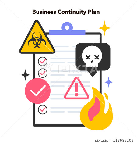 BCP or business continuity plan. Methodology of prevention and recovery from potential threats to a company. Hacker attack security processes and steps. Flat vector illustration BCP or business continuity plan. Methodology of prevention and recovery from potential threats to a company. Hacker attack security processes and steps. Flat vector illustration 118683103