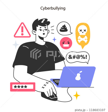 Cyberbullying. Online harassment with unfriendly, mean and hurtful messages. Social network violence. Internet abuse. Flat vector illustration Cyberbullying. Online harassment with unfriendly, mean and hurtful messages. Social network violence. Internet abuse. Flat vector illustration 118683107