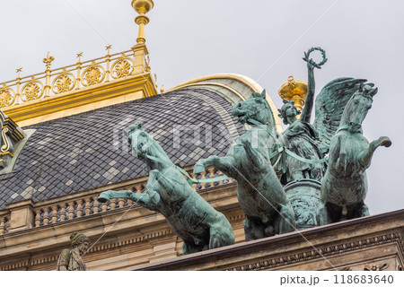 Roof decorations on the National Theatre (Narodni divadlo) building in Prague, Czech Republic Roof decorations on the National Theatre (Narodni divadlo) building in Prague, Czech Republic 118683640