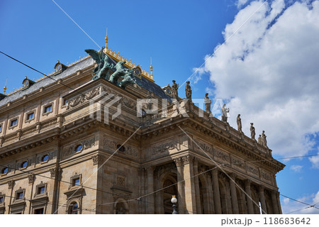 Roof decorations on the National Theatre (Narodni divadlo) building in Prague, Czech Republic 118683642