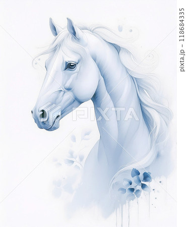 白馬,水彩画調の白馬のポートレート,Generative AI,AI画像のイラスト