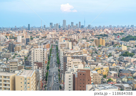 ［練馬区役所本庁舎展望ロビー］東側：池袋・東京スカイツリー方面：練馬区の街並み 118684388