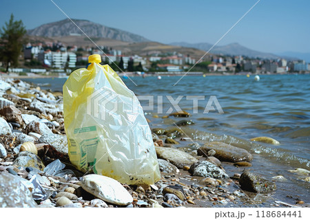 a plastic packaging, in the beach coast, pollution, garbage. 118684441