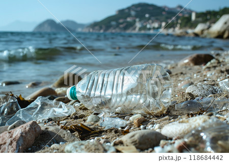 a plastic packaging, in the beach coast, pollution, garbage. 118684442