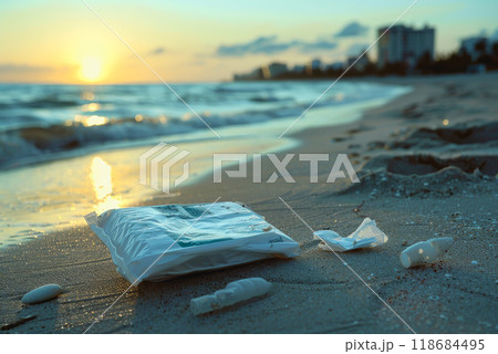a plastic packaging, in the beach coast, pollution, garbage. 118684495