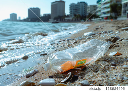 a plastic packaging, in the beach coast, pollution, garbage. 118684496