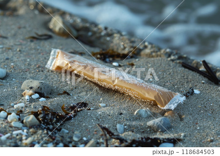 a plastic packaging, in the beach coast, pollution, garbage. 118684503