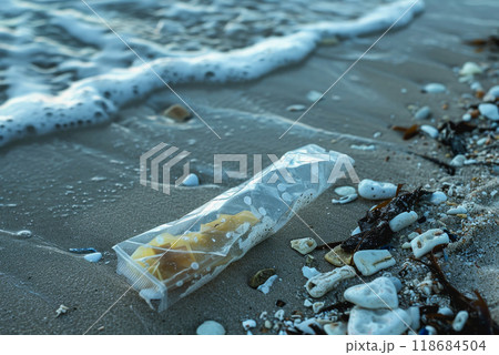 a plastic packaging, in the beach coast, pollution, garbage. 118684504