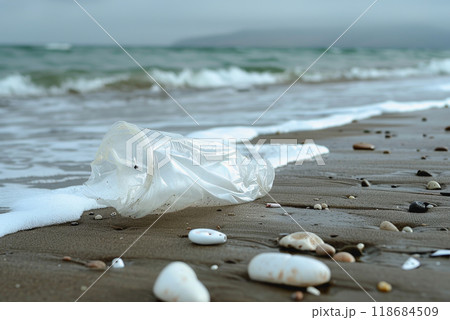 a plastic packaging, in the beach coast, pollution, garbage. a plastic packaging, in the beach coast, pollution, garbage. 118684509