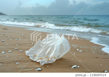 a plastic packaging, in the beach coast, pollution, garbage. 118684524