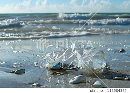 a plastic packaging, in the beach coast, pollution, garbage. 118684525