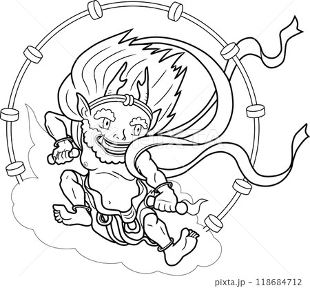 デフォルメされた雷神図（ぬり絵風線画） 118684712
