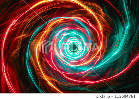 neon light swirls dancing in colorful or pastel with vivid streaks, isolated on a black background. 118684761