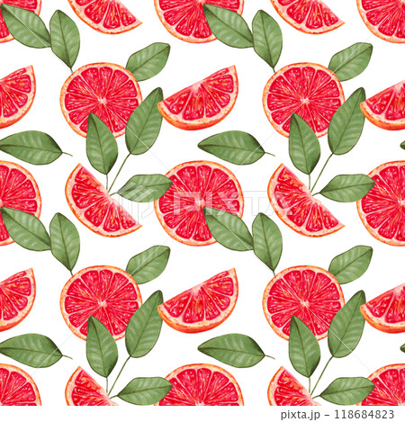 Seamless background of grapefruit slices with leaves. Watercolor, marker illustration. Red citrus pieces. Hand drawn isolated art. Eco fruit wallpaper for fabric and kitchen textile, oil packaging Seamless background of grapefruit slices with leaves. Watercolor, marker illustration. Red citrus pieces. Hand drawn isolated art. Eco fruit wallpaper for fabric and kitchen textile, oil packaging 118684823