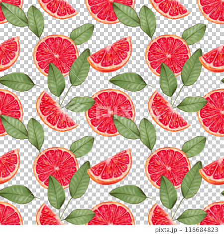 Seamless background of grapefruit slices with leaves. Watercolor, marker illustration. Red citrus pieces. Hand drawn isolated art. Eco fruit wallpaper for fabric and kitchen textile, oil packaging 118684823