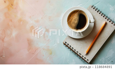 desk table with a pencil, notebook, coffee cup, copy space, and copy-space concepts. 118684891